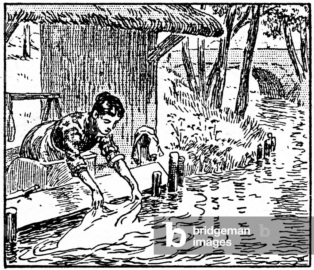 laundry washing machine in the water of a stream - laundry - laundry - cleanliness - hygiene - Illustration of a 1923 school book -