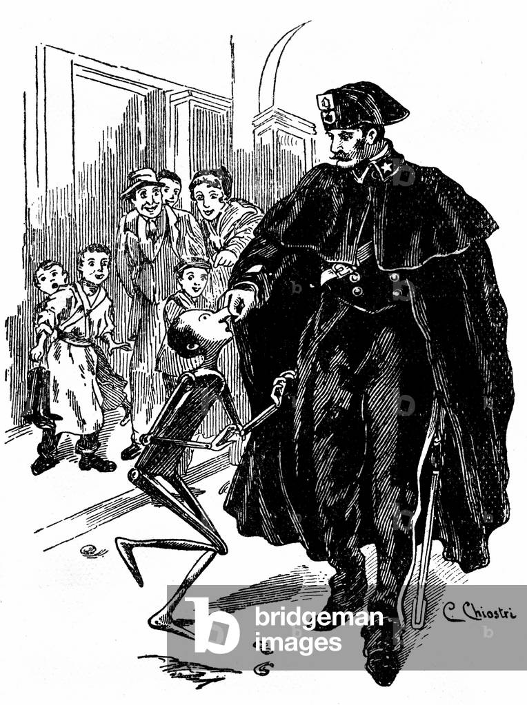 Pinocchio by Carlo Chiostri (1863-1939), one of the first Italian illustrators of Collodi's work. A policeman grabs the wooden puppet through the nose, has the great joy of the sweetheart.