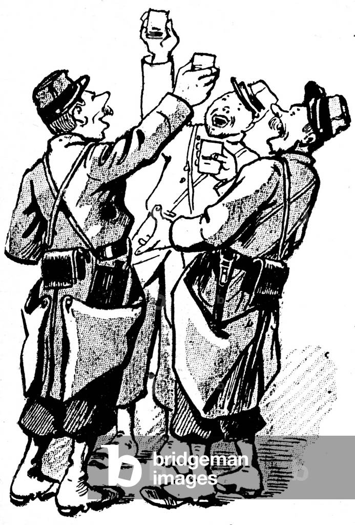 3 Happy soldiers in uniform drinking (raise the glass - toast) - drawing in the weekly newspaper Les Veillees des Chaumieres 1892 -