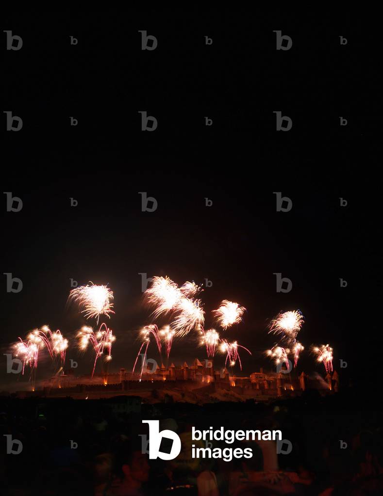 Cite de Carcassonne (Aude, Languedoc, Pays Cathare): fire and fireworks on 14 July, summer party. Photo by Patrice Cartier