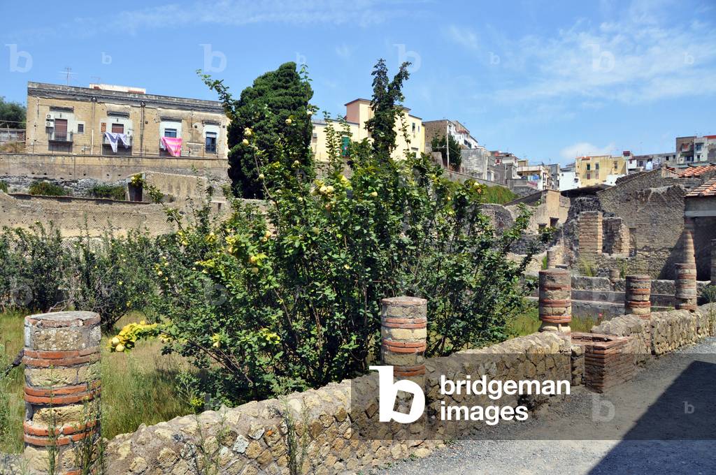 Herculanum (Herculaneum, Ercolano, Italia, Italy): house of the inn (casa del 'albergo) brick columns - Roman architecture - Photo Patrice Cartier -