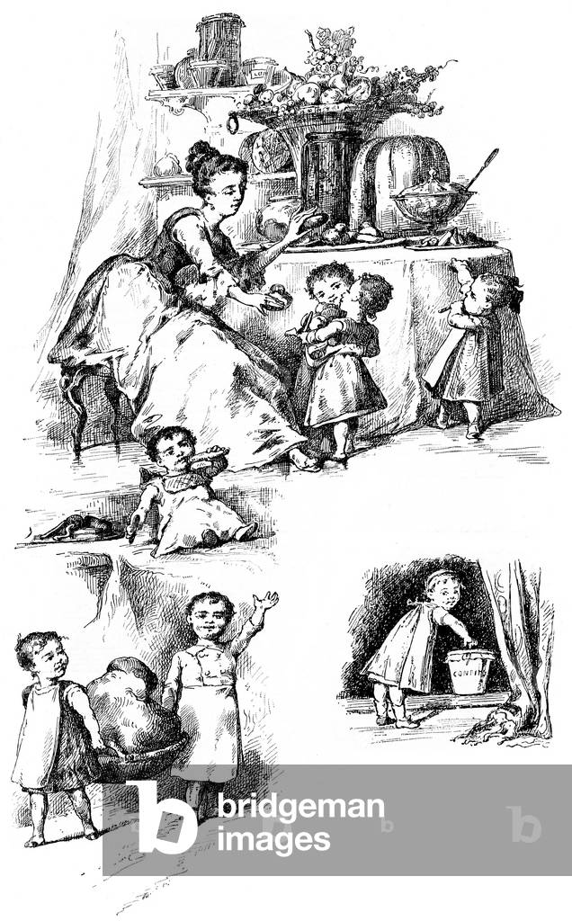 Illustration by L. Nehlig for the song (rhyme) “Il etait une Dame Tartine”” - excerpt from the book Song et rounds enfantines by J. B. Weckerlin, Garnier 19th century edition.
