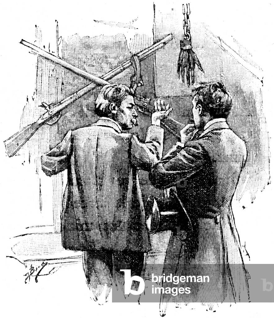 La Main: story by Guy de Maupassant in the reccueil “” Tales du jour et de la nuit””. Illustration of Bocchino in Completes Works, edition Ollendorff 1906. Investigating Judge Bermutier saw his hand cut off at Sir John Rowel's home for the first time.