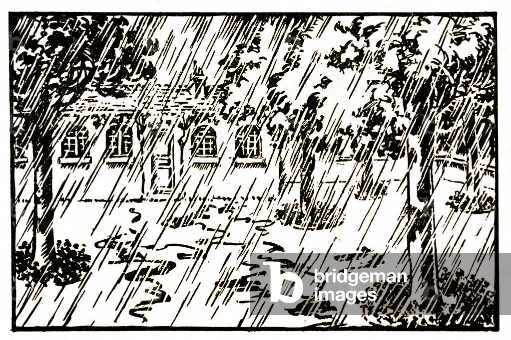 falls, falls rain... showers on a house. Engraving from a school book (elementary reading) beginning of the 20th century.