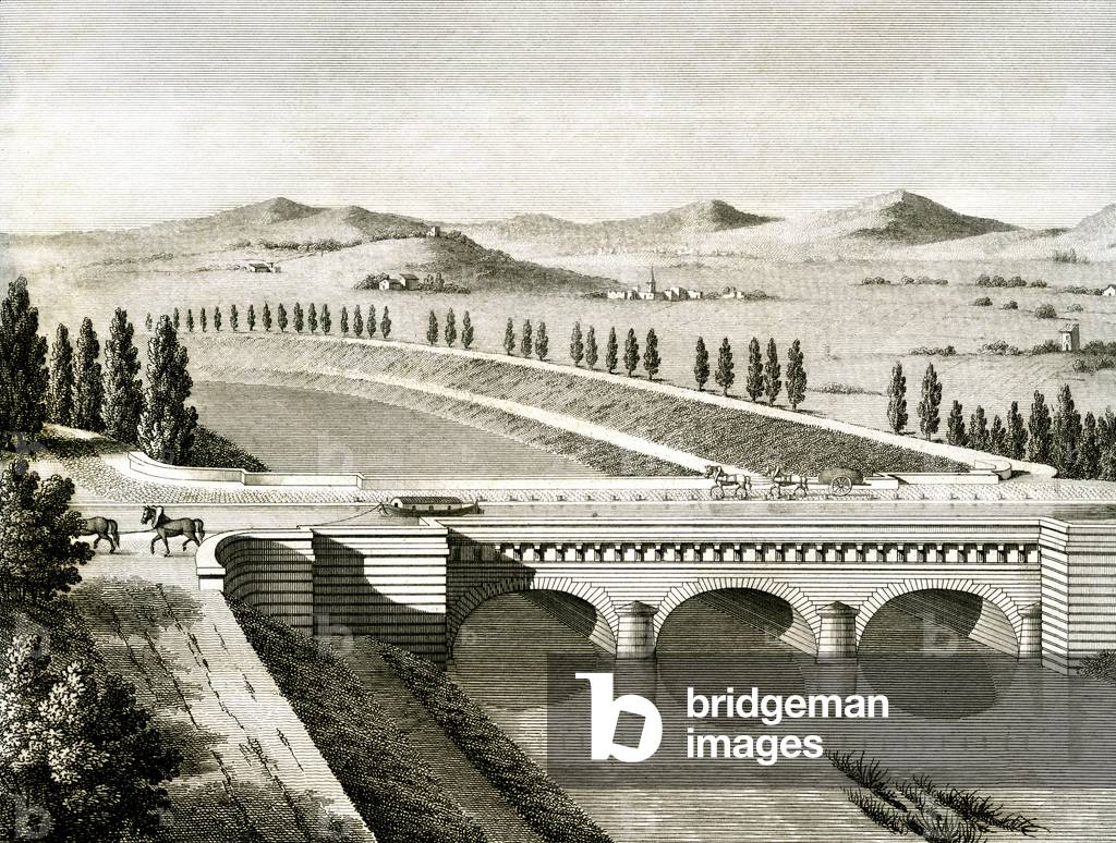 Canal du Midi (Canal des deux mers): canal bridge (canal bridge) of the Fresquel, near Carcassonne. Artwork by Pierre Paul (Pierre-Paul) Riquet (1609-1680). Boat (boat) drawn by two horses on the towpath. Engraving of the work of Baron Claude Joseph Finds “” Description generale et statistique du Département de l'Aude””, edition Firmin Didot 1818.