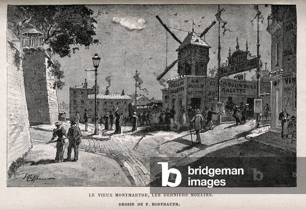 Paris, the old Montmartre, the last mills, engraving by Hoffbauer in a guide from 1910: A visit to Paris by Alexis Martin