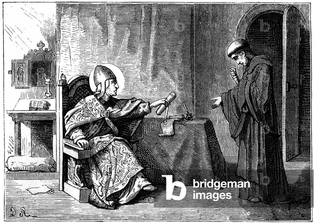 Representation of Saint Jules I (Pope) (GIULIO I, circa 280-352) - He restores their rights to the eveques accused by the Arians and gives them a letter confirming their prerogatives and possessions - Engraving mid 19th century - Fete de St Jules on April 12 (Roman calendar) -