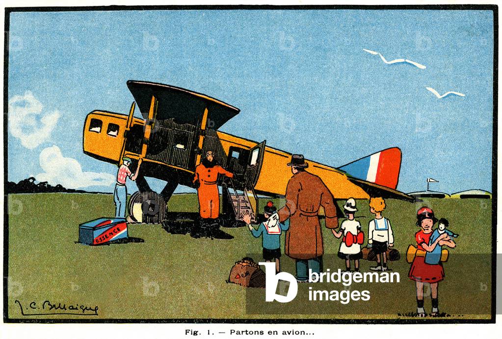 Air travel in the 1930s. Drawing by Jean Camille Bellaigue in a 1935 geography book. A family father and his children are getting into a biplane whose driver opens the door, while the mechanic checks the engine and refuels.