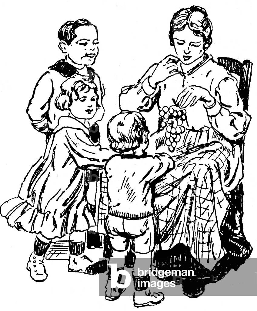 Young woman eating a bunch of grapes with children - illustration of a school book 1920 - 1930 -