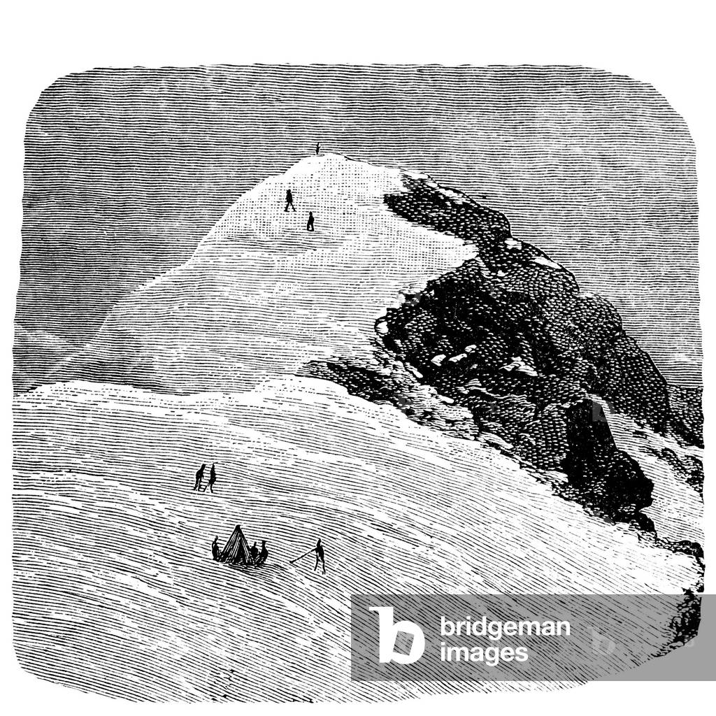 Snowy summit of the Alps with characters climbing the snow slope. Engraving by Riou (detail) 1882.