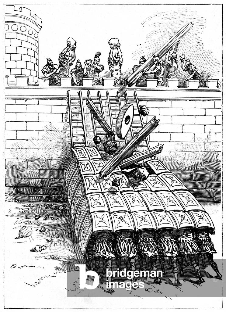 Armee besieging a fortified city of Roman Antiquity using the turtle's device to reach the walls. Assault of fortifications: the sieges try to stop the progression of the attackers by throwing beams, stones and even mill wheels on their shields - 19th century engraving -