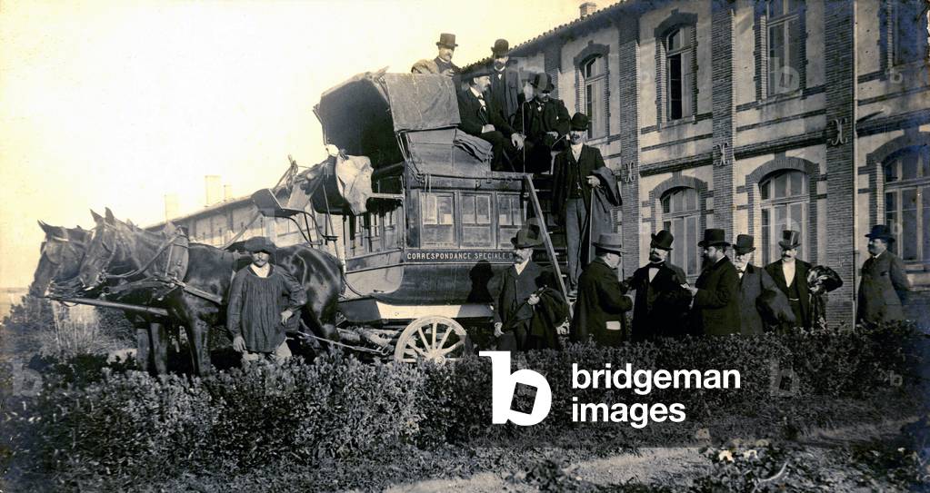 Languedoc: a group of provincial notables in the Midi is apprehended to ride in an imperiale diligence drawn by two horses.
