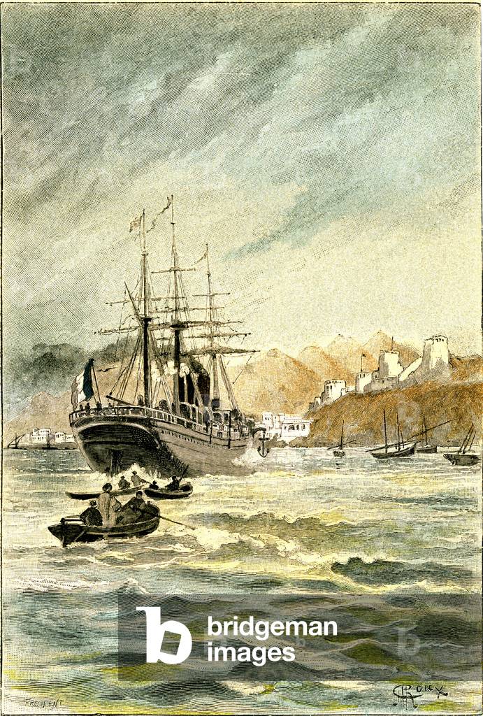 Sailors returning to their ship aboard a boat. Engraving by George Roux (detail) for Jules Verne's book “” Mirifiques adventures of Master Antifer””.