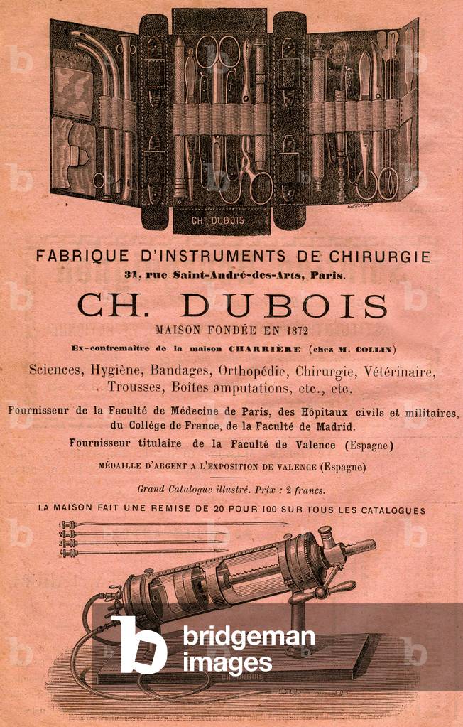 Instruments of surgery - surgeon's kit - advertisement in the pink pages of the Dictionary of Medicine of Emile Littre 1884