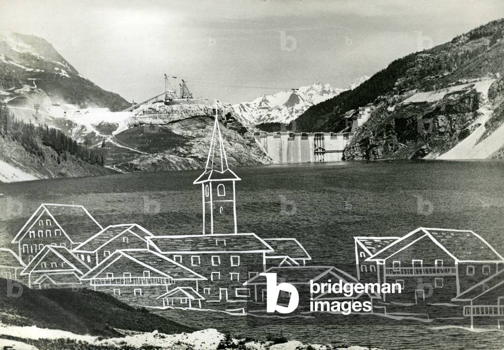 Dam of Tignes, with drawing of the village swallowed by the artificial lake (postcard, c. 1952)
