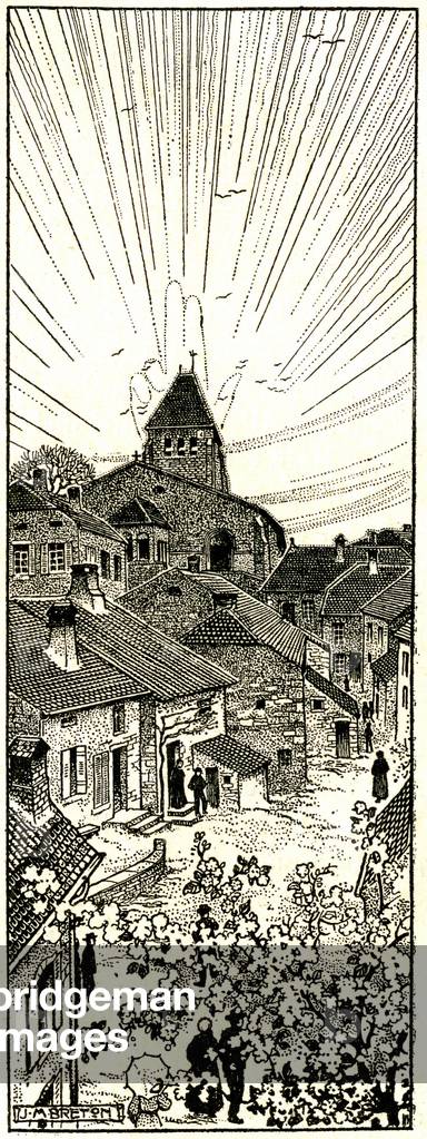Easter in a village of Correze (19) at the beginning of the 20th century. Allegorical engraving by J.M. Breton illustrating Rene Bazin's book “” Douce France””, 1911.