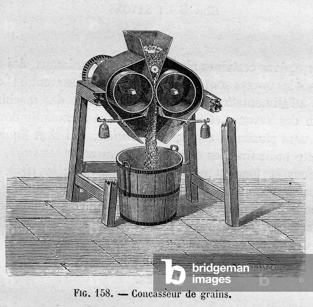 Grain crusher - engraving of “La France industrielle” by Bonnafoux, 1880.