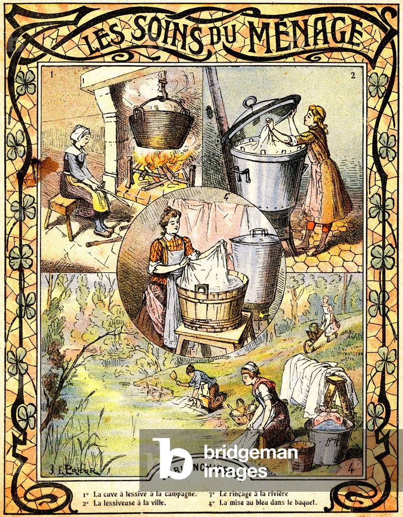 Care of the household: laundry. Protects school notebook at the beginning of the 20th century. 1) laundry tank in the countryside, in the fireplace - 2) laundry machine in the city - 3) rinsing in the river - 4) blue in the bucket.