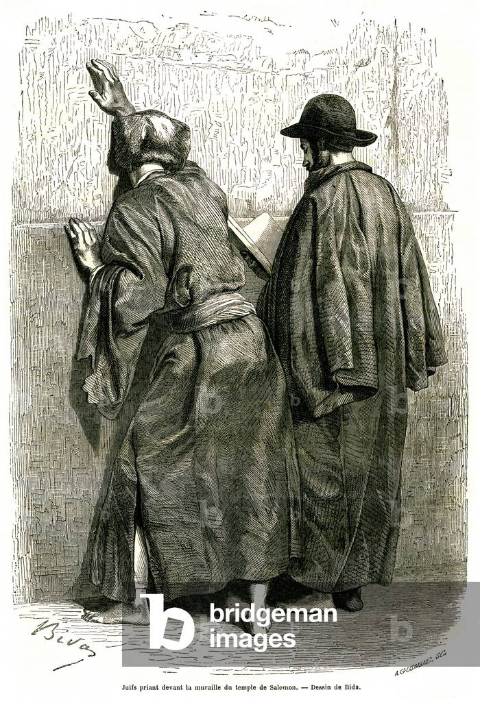 A couple of Jews praying at the wall of the Temple of Solomon in Jerusalem in 1856. Drawing by Bida pau in “” Le Tour du monde, nouveau journal des voyages””, edited by Edouard Charton, 1860.