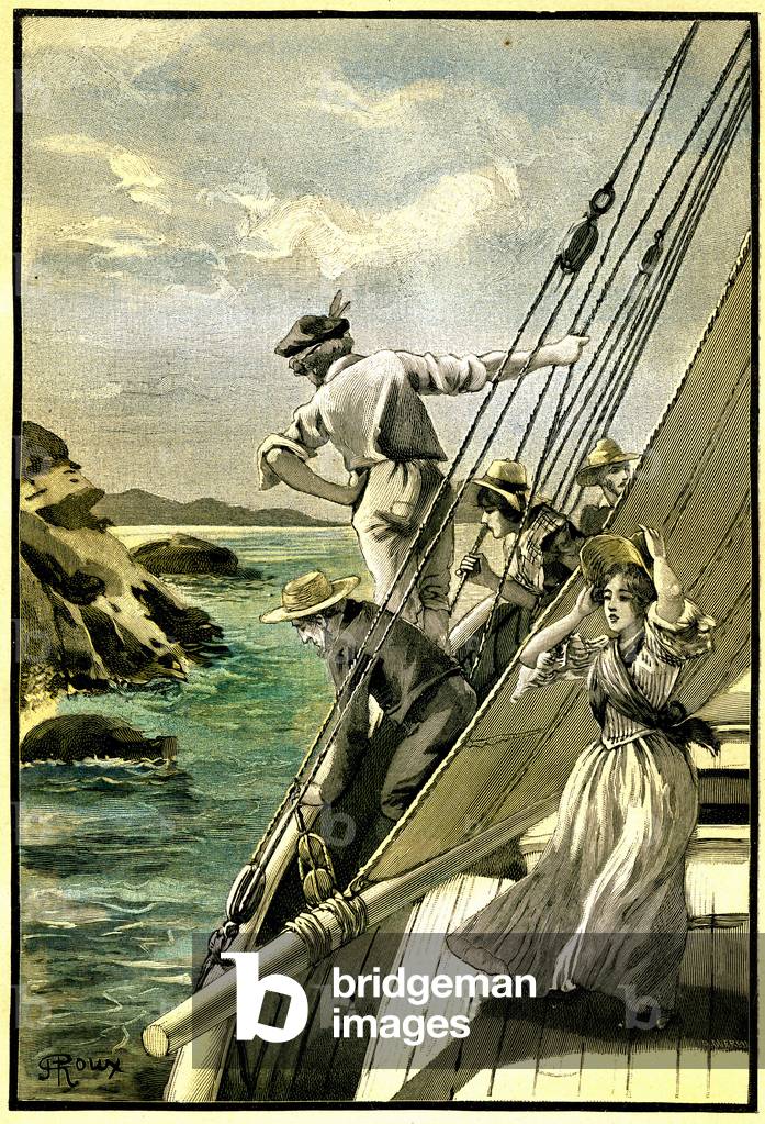 Women on a boat (sailboat). Engraving by Georges Roux for the book of Jules Verne “” Second Homeland””.