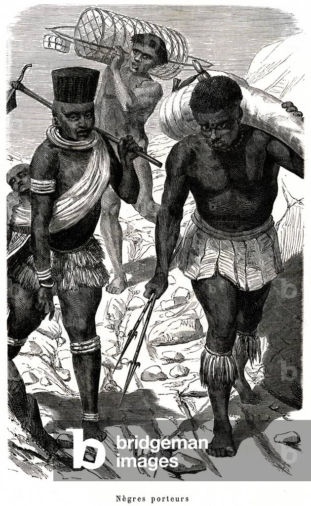 Black Africa: negres carriers - illustration in the book 'The land of the sun', Hachette 1881 (engraving)
