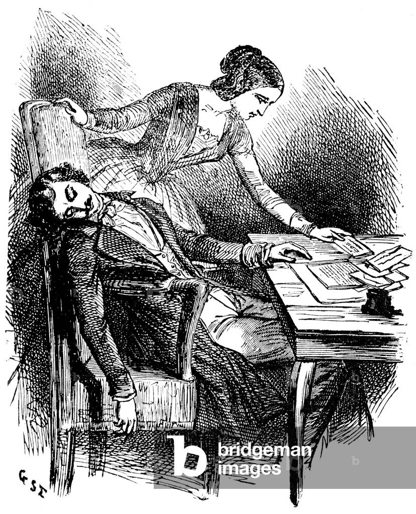Characters of the Human Comedie of Honore de Balzac (1799-1850): Eugenie Grandet and her husband. Middle 19th century engraving: Illustration by Pierre-Gustave (Pierre Gustave) Staal (1817-1882) for the novel “Eugenie Grandet””.