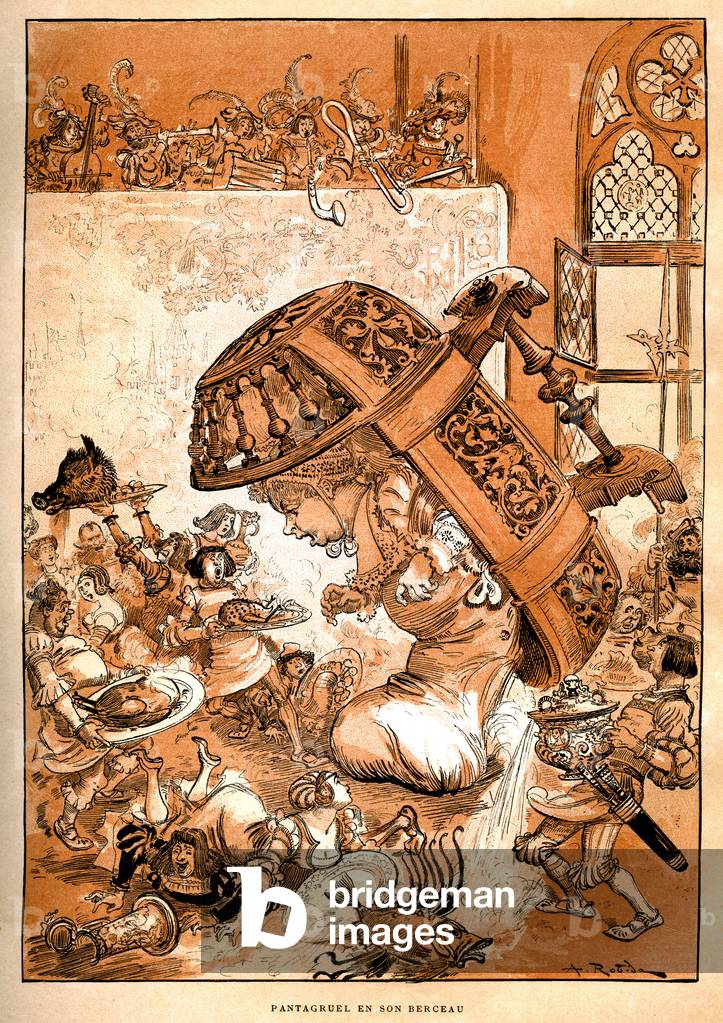 The giant baby Pantagruel in his cradle, 1885 (illustration)