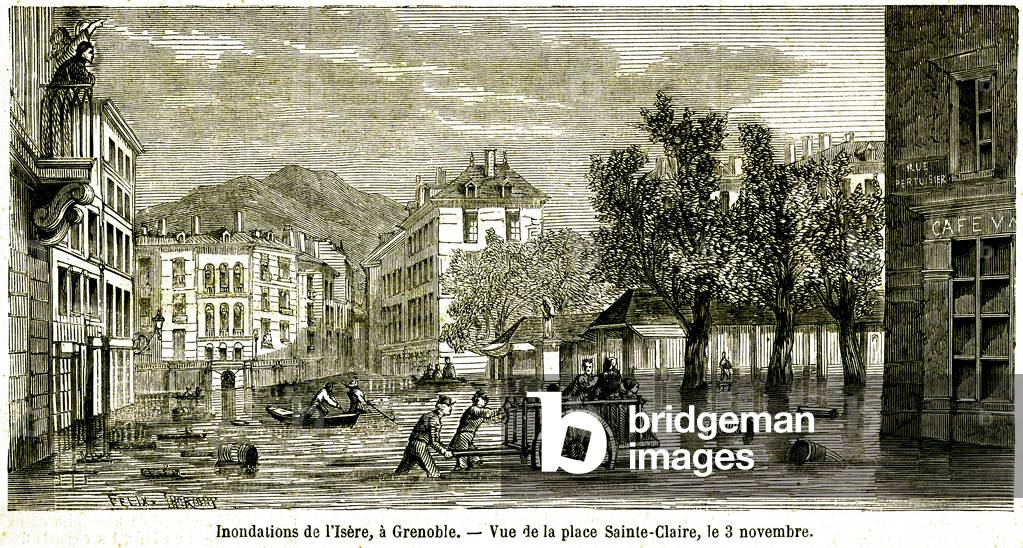 Flood of the Isere in 1859 in Grenoble - floods, rescue of inhabitants in a cart, Place Sainte-Claire (St. Clair) on 3 November - engraving of the Illustrous World -