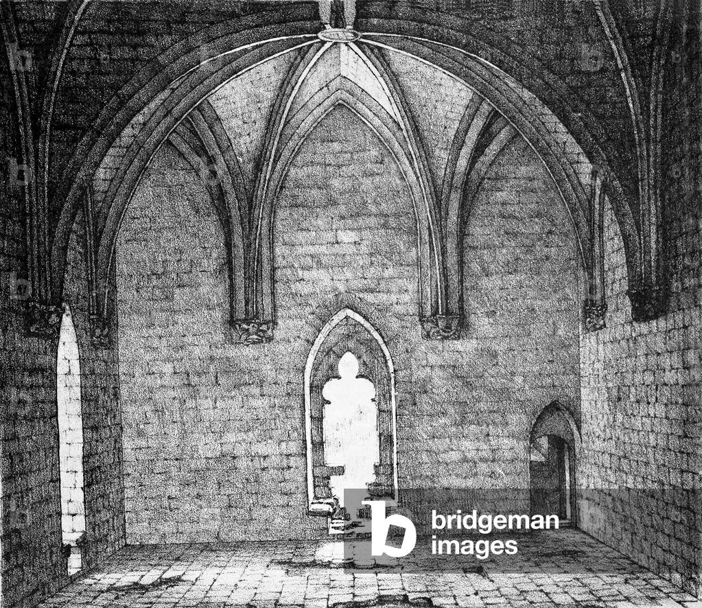 Chateau de Puivert.Musicians room in 1858, lithography by L. Rouquayrol, Toulouse