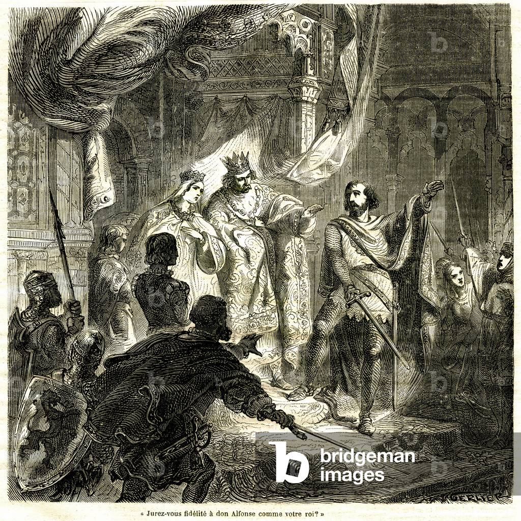 General reconciliation in the throne room of the King of Spain. Final stage of the theatre piece “L'enfance du Cid” by Gillen de Castro (Guillem de Castro), inspired by Pierre Corneille for his play Le Cid. Publication on a serial paper in the “Journal pour tous”” April 1864.