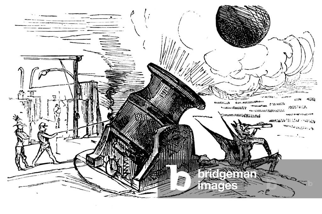 Soldiers fire a gigantic bomb with a huge cannon towards enemy lines, under the rejoyed gaze of the Devil, 1875 (engraving)