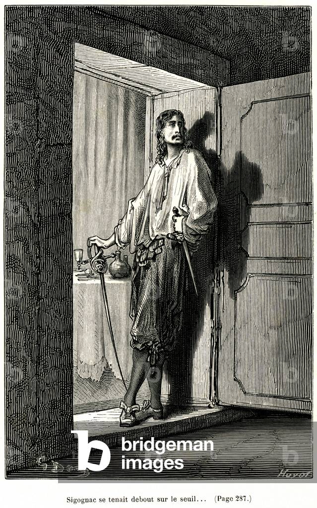 Baron de Sigognac. Engraving by Gustave Dore illustrating Theophile Gautier's novel “” Le capitaine Fracasse””, edition Charpentier 1863.