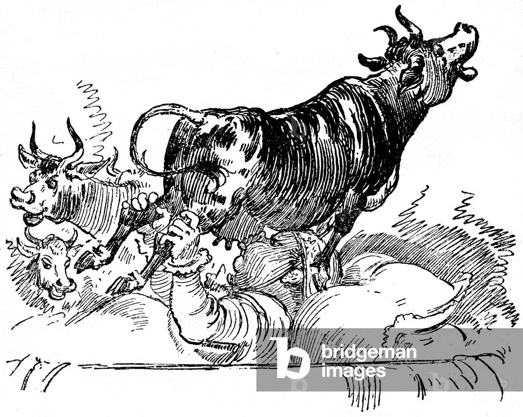 As a child, Giant Gargantua already has a gargantuan appetite! Here he is baby, drinking his milk even the worse of a cow he holds above him. To breastfeed the monstrous infant, you need a herd of more than 17,000 bets! Gargantua = that big you have (the gullet). To be closer to gargante = throat. Illustration of Robida for the Gargantua de Rabelais - Librairie Armand Colin debut 20th century.