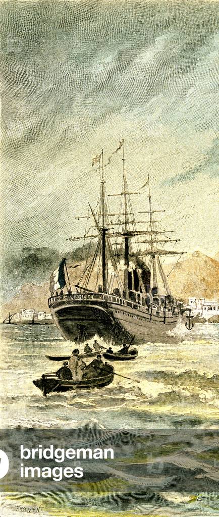 Sailors returning to their ship aboard a boat. Engraving by Georges Roux (detail) for Jules Verne's book “” Mirifiques aventures de Maitre Antifer””.