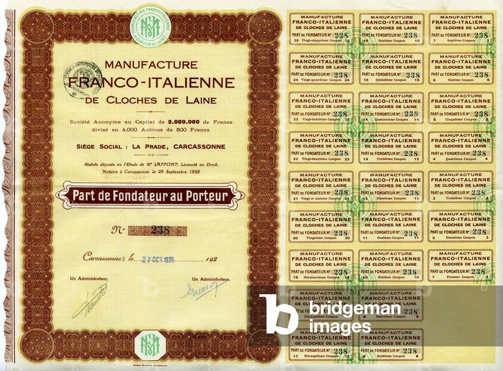 Founder's share of one hundred and twenty five francs issued in 1930 by the Franco-Italian Manufacture of Cloches de Laine - share, bank, stock exchange, capital, capitalism, shareholder, economy, finance, investment of money -