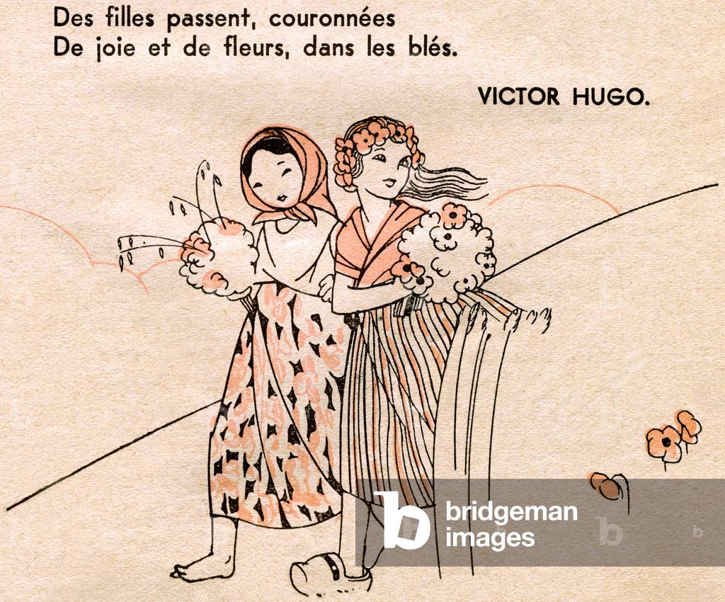 Girls pass, crowned with joy and flowers, in the wheat fields, Victor Hugo (Songs of the streets and the woods) (print)