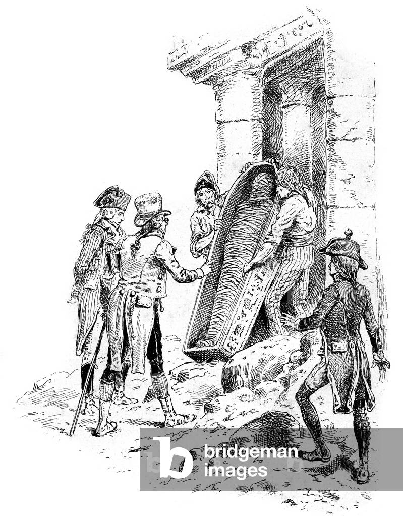 During the Egyptian expedition (1798-1801), soldiers and scientists of the army of Napoleon Bonaparte (Napoleon I) discovered mummies in the tombs. Beginners of Egyptology. Engraving by Paul de Semant 1898.