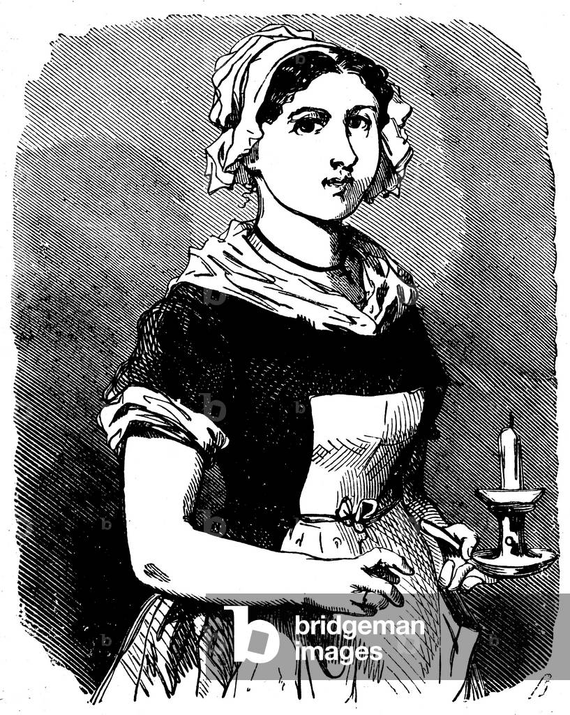 Mademoiselle Rose in maid dress (maid, maid) in apron with headdress, a candle in hand - illustration by Bertall for Paul de Kock's novel “” Jean”” - Edition Rouff late 19th/early 20th century