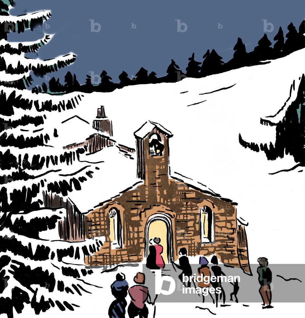 Villagers going to a small mountain church (chapel) in winter under snow - Christmas Mass - Prayer - Spirituality - Religion - Faith - illustration of Sim on cover of “” L'Esperance””, monthly newsletter of the Union Chretienne des Jeunes Gens de France, Noel 1943