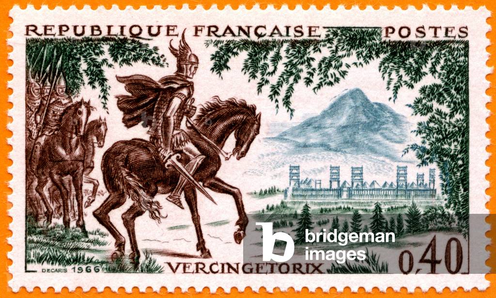 Stamp with Vercingetorix, Gallic chief arverne a horse near Alesia, 1966 (print)
