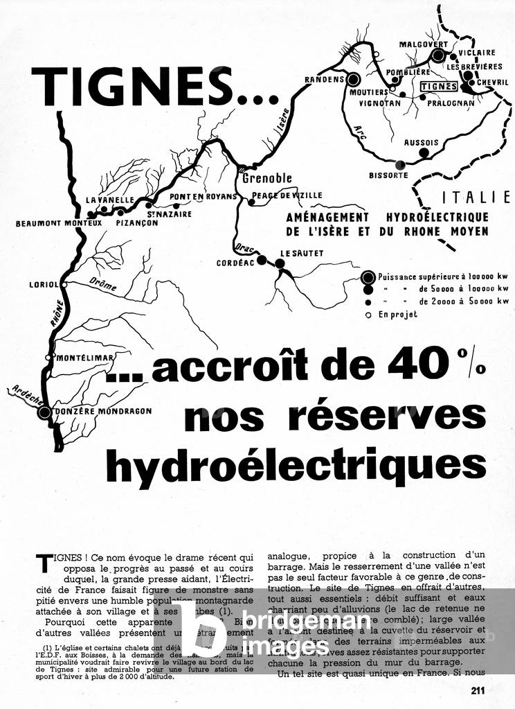 Hydroelectric dam of Tignes (or Chevril) in Savoy. Engraving, 1963