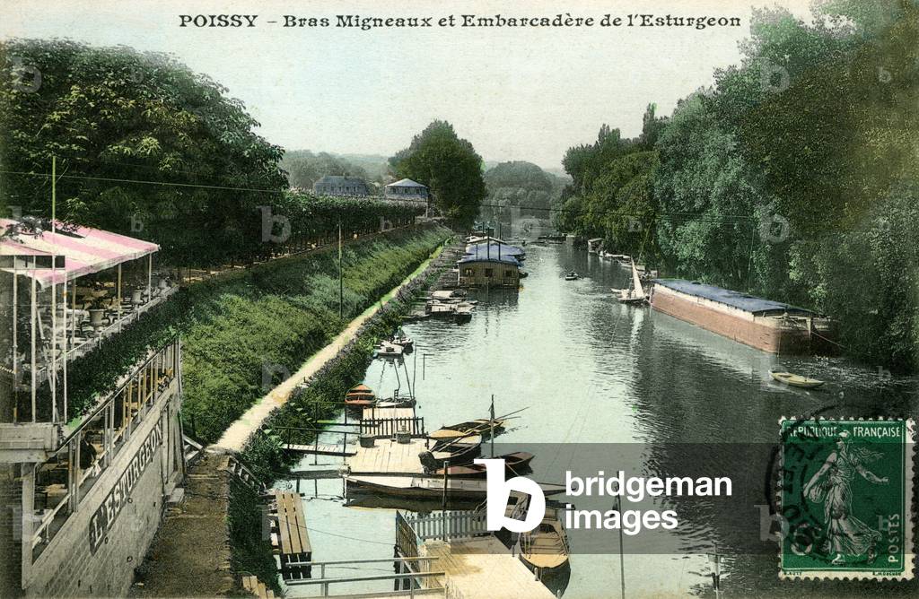 Poissy (formerly Seine and Oise, department of the Yvelines since 1968 - Ile de France): Les Bigochets, boating on the Bras Migneaux, peniche, pier of the Sturgeon (restaurant) - Malcuit postcard beginning of the 20th century -