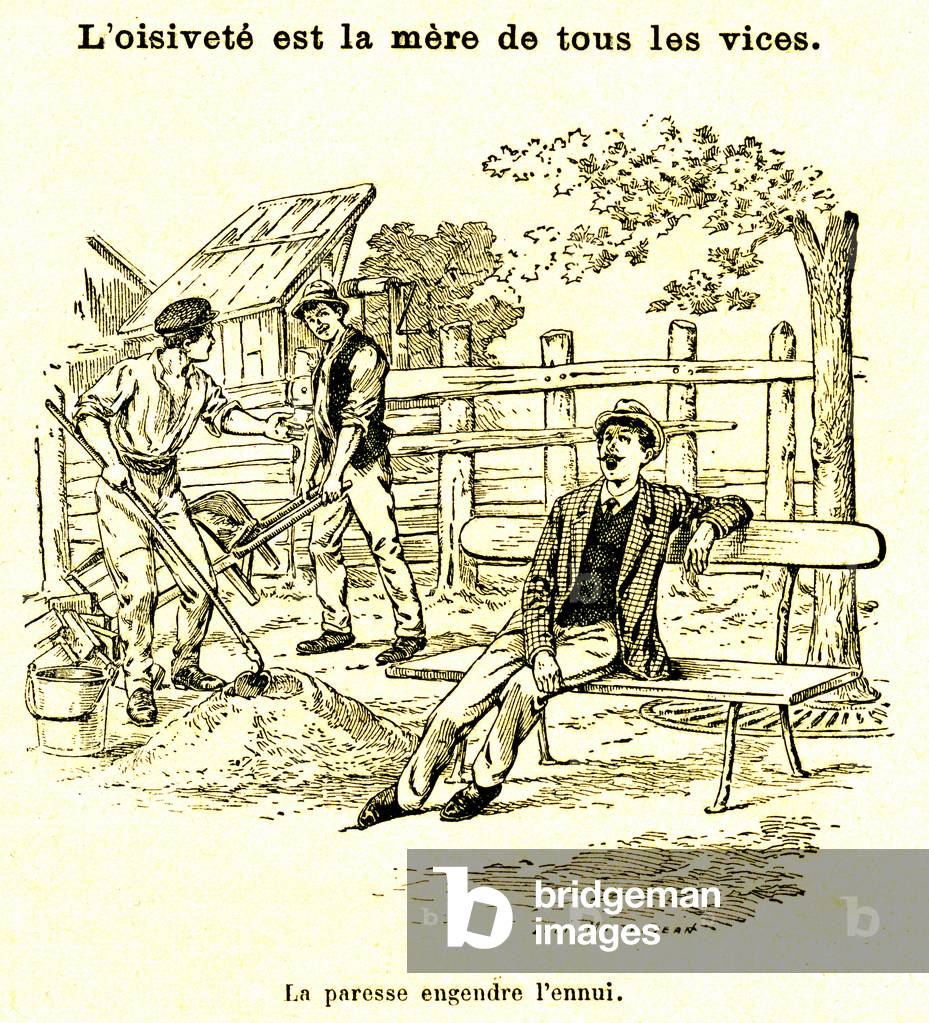 idleness is mother of all vices - laziness causes boredom. A man of work yawning, sits on a bench, while workers work. Illustration by Louis Maitrejean (1895-1947). Extract from a book of moral for schoolchildren, early 20th century.