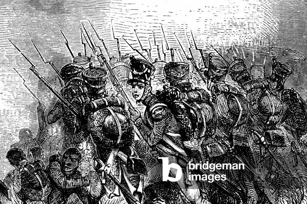 Illustration by Riou for the historical novel “Histoire d'un conscrit de 1813” by Erkmann and Chatrian (Erkmann-Chatrian: national novels) - Edition Hetzel 1873. Soldiers of the army of Napoleon (Napoleon War) going on assault, bayonet with the gun.
