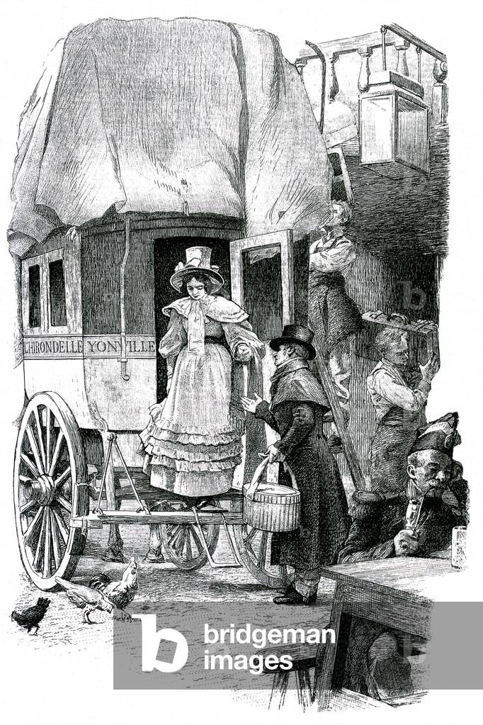 Madame Bovary, illustration for Gustave Flaubert's novel, 19th century. Emma Bovary comes down from the diligence.