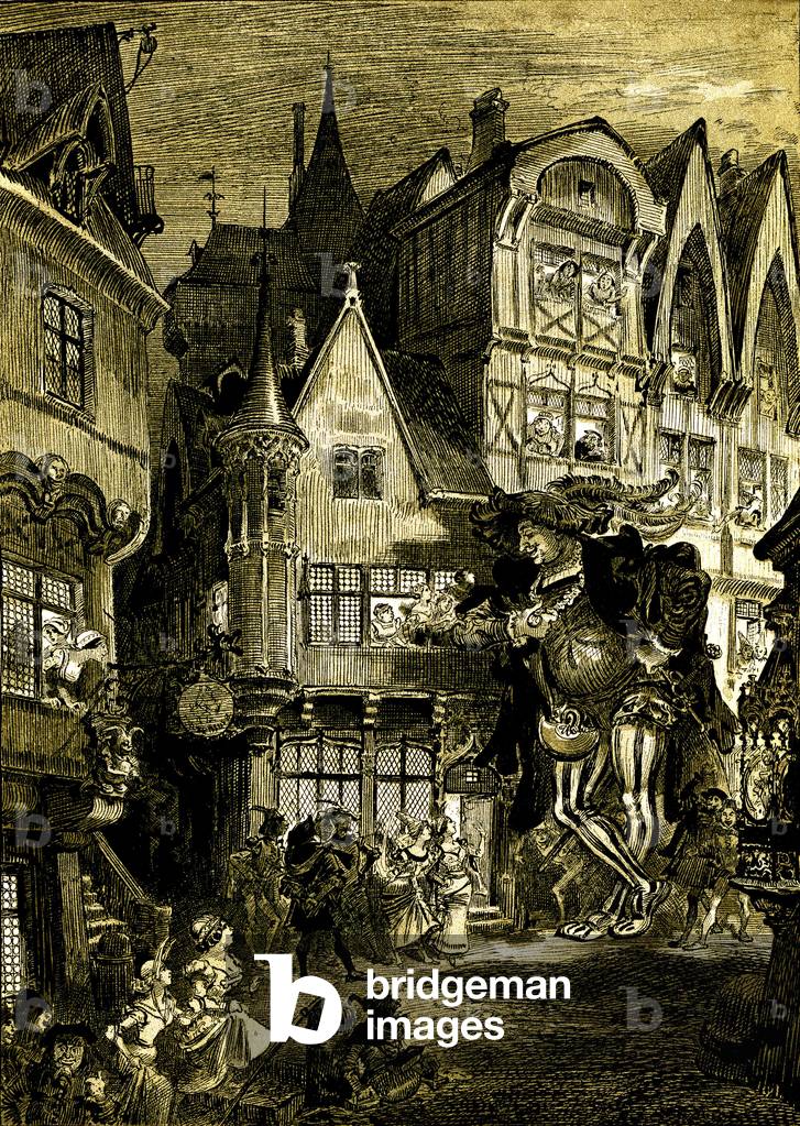 Giant Gargantua walks through Paris and chatter with Parisians and Parisians, 1885