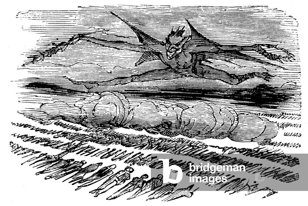 Victims of a bacteriological attack, the soldiers of the two enemy armies line up on the battlefield, under the rejoyed gaze of the Devil - evil war - illustration by Bertall (Charles Albert d'Arnoux 1820-1882) in “The comedy of our time, children, young, walls, old, pencil and pen studies”, 1875 - Satan, conflict, weapons, chemical weapons, weapons of mass destruction, anti-militarism -