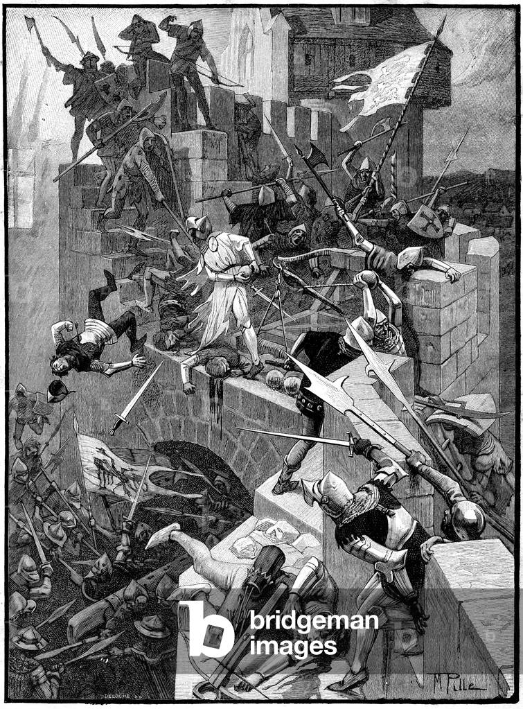 Capture of a castle fort by Bertrand du Guesclin (1320-1380) - assault of a fortress - ramparts - Engraving from the book “L'Annee Francaise, un heros par jour” by Charles Ponsonhailhe, edition Mame 1900