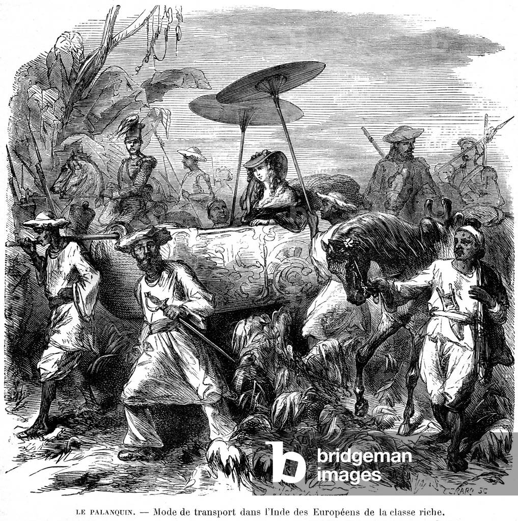 Palanquin: a mode of transport in India for wealthy class Europeans. Engraving of the magazine “Sur terre et sur mer”” n°28, January 8, 1876.