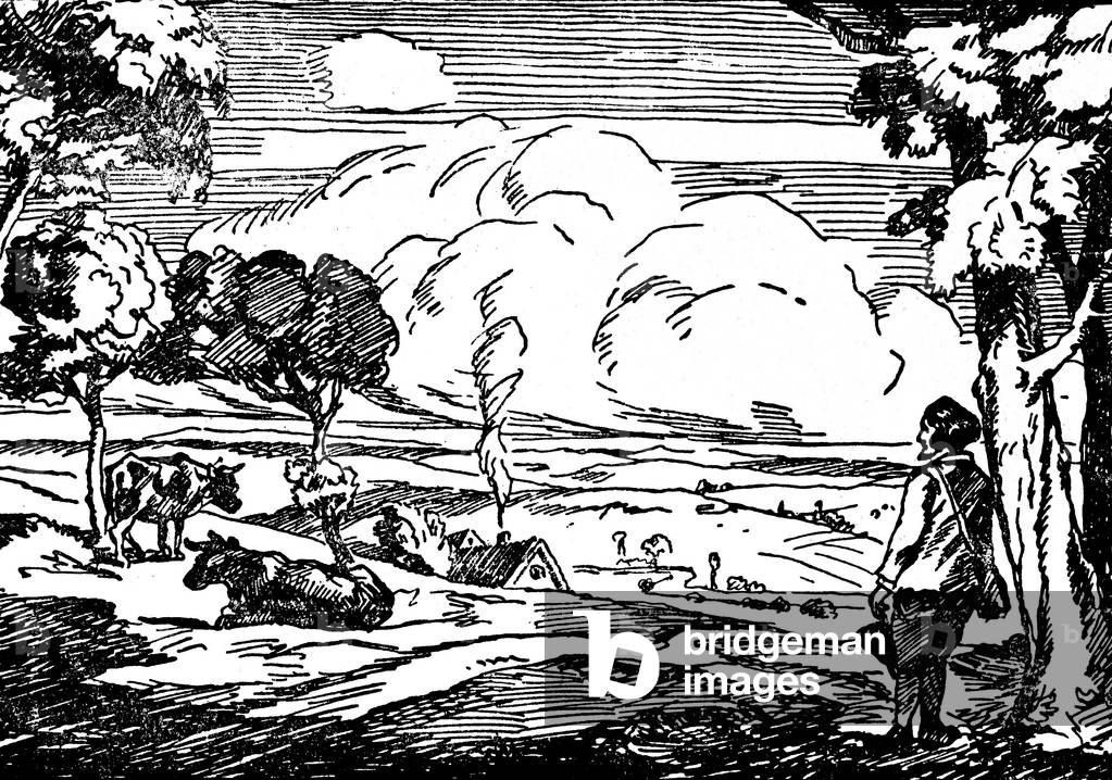 Man looking at two peaceful oxen. French countryside. Illustration of Rotge 1931